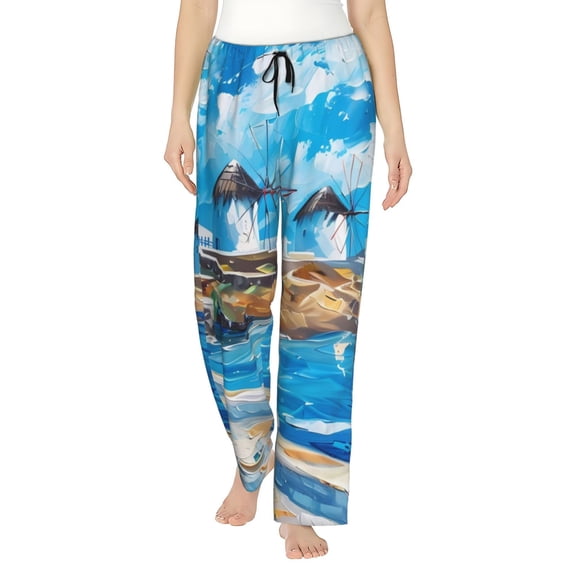 Logiee Greek Island Windmills Painting Print Women Pajama Pants,Comfy Pj Bottom with Pockets & Drawstring,Stretch Casual Sleepwear-Medium