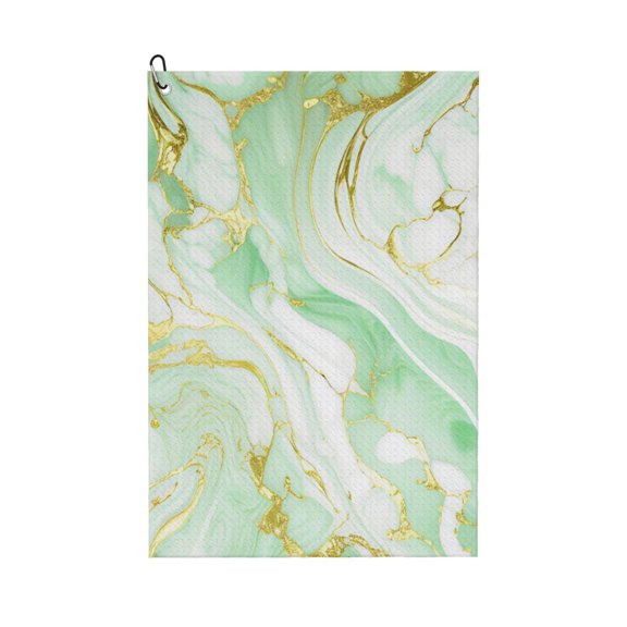 Logiee Green And Gold Abstract Marble Print Golf Towels,16" x 24" Portable Golf Towel for Golf Bag with Carabiner Clip to Quickly Remove Sand,Mud and Sweat