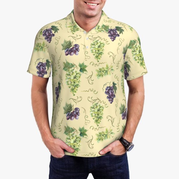 Logiee Green And Purple Grapes Print Mens Polo Shirts,Mens Golf Polo Shirts,Short Sleeve Casual Polo Shirts for Men,Summer Fashion Beach Shirts-Small