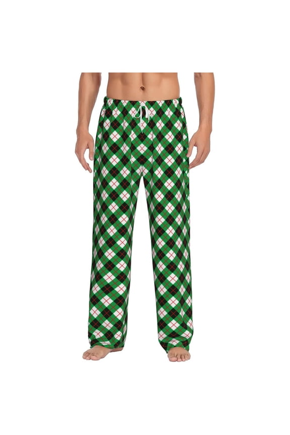 Green Argyle Plaid Print Pajama Pants for Men,Men’s Pajama Bottoms,Mens PJ Pants with Pockets & Button Fly-Medium