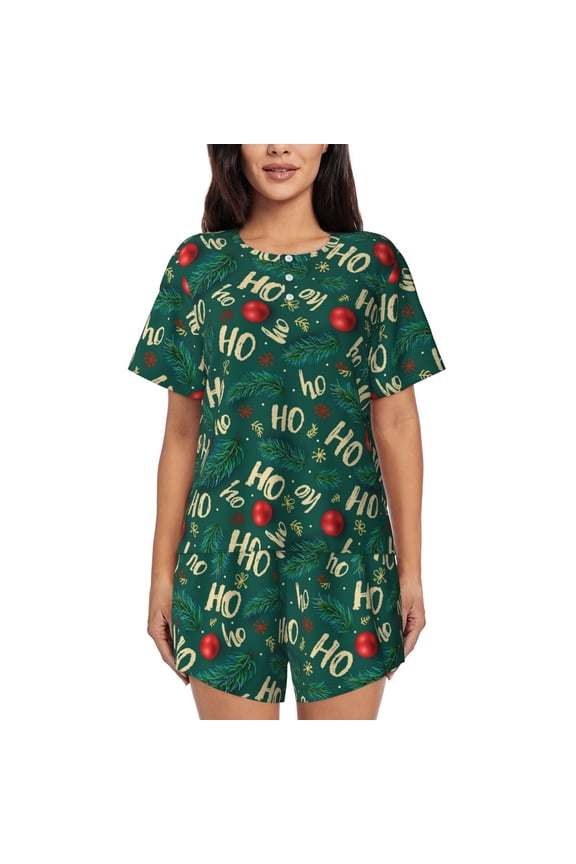 Green Background With Ho Print Womens Pajamas Set,Short-Sleeve Pajama 2 Piece Sleepwear with Pockets-Medium