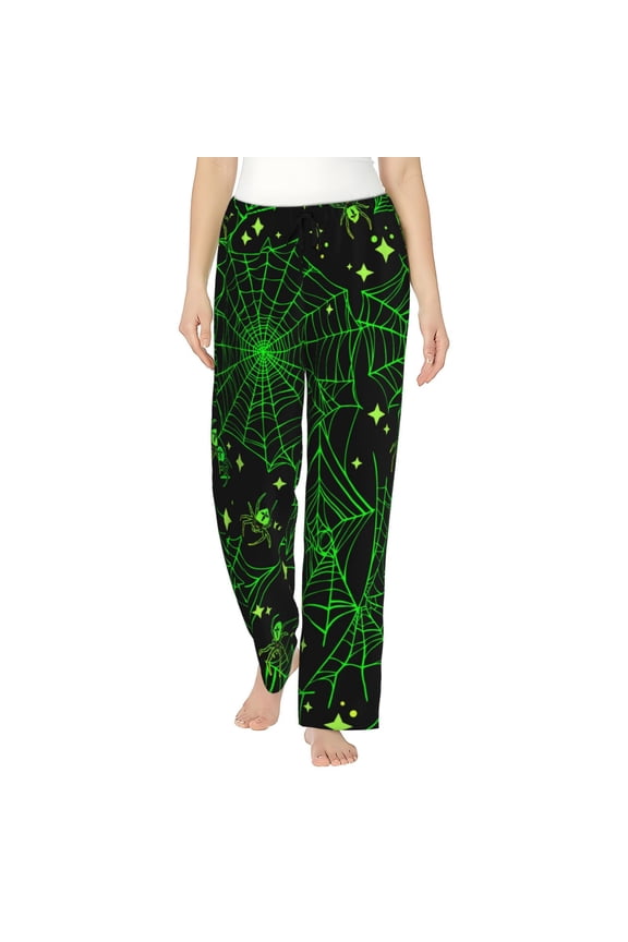 Green Bright Web with Spiders Print Women Pajama Pants,Comfy Pj Bottom with Pockets & Drawstring,Stretch Casual Sleepwear-Medium