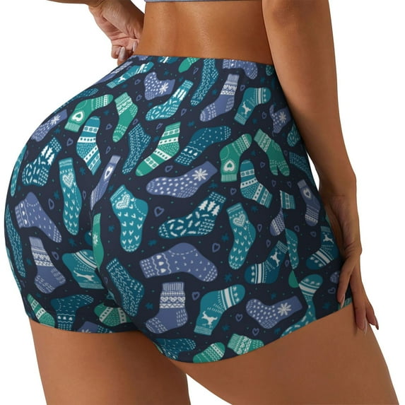 Logiee Green Christmas Print Socks Print Women's Biker Shorts,Workout Gym Shorts,Scrunch Shorts,Tummy Control Hidden Scrunch Running Yoga Shorts-