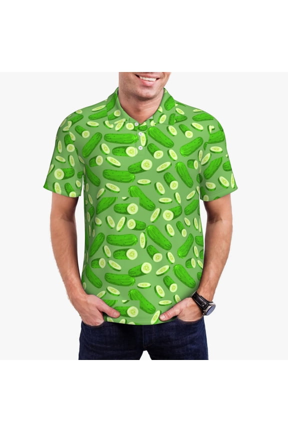 Green Cucumber Print Mens Polo Shirts,Mens Golf Polo Shirts,Short Sleeve Casual Polo Shirts for Men,Summer Fashion Beach Shirts-Medium