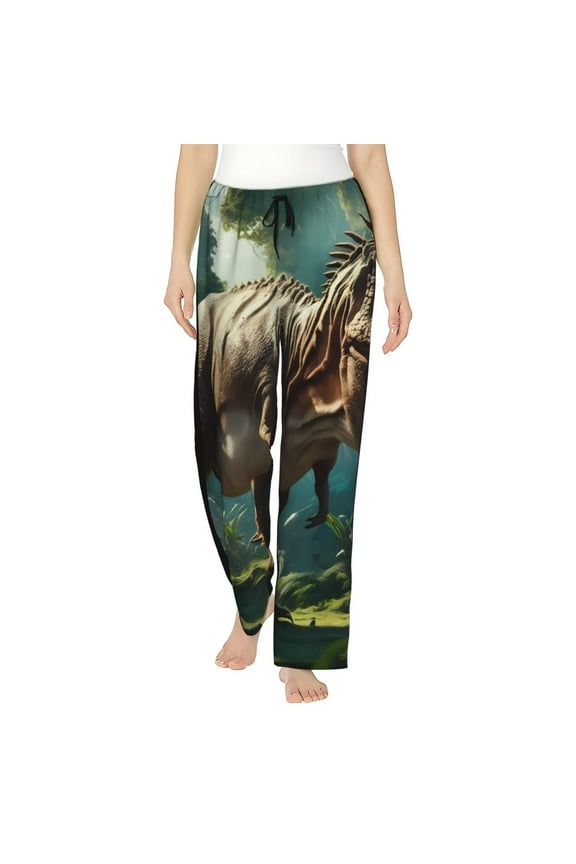 Green Forest Dinosaur Print Women Pajama Pants,Comfy Pj Bottom with Pockets & Drawstring,Stretch Casual Sleepwear-Medium