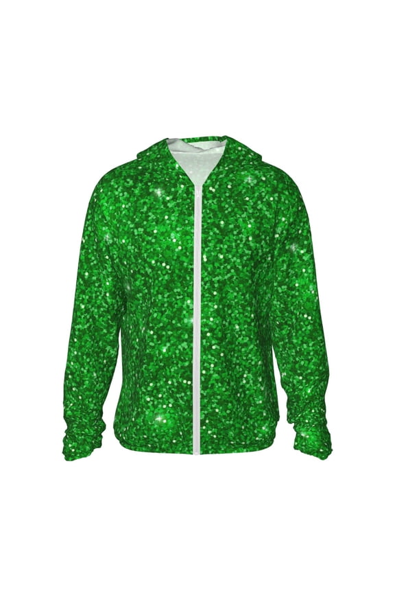 Green Glitter Print Men's Women Light Jacket Full Zip Sun Protection Hoodie Long Sleeve Sun Shirts for Men Hiking Fishing Zip Pockets-Small