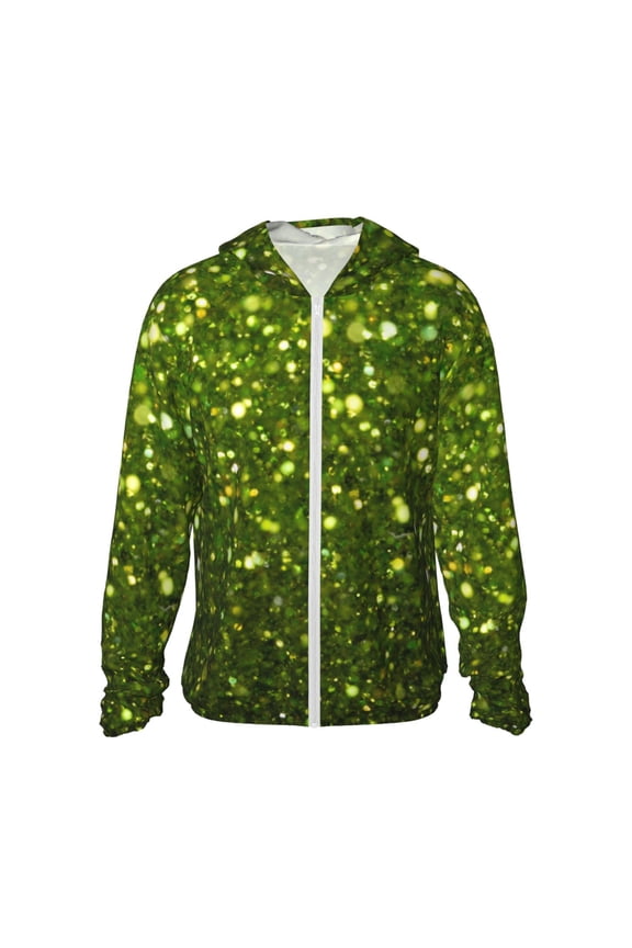 Green Glitter Sparkle Print Men's Women Light Jacket Full Zip Sun Protection Hoodie Long Sleeve Sun Shirts for Men Hiking Fishing Zip Pockets-XX-Large