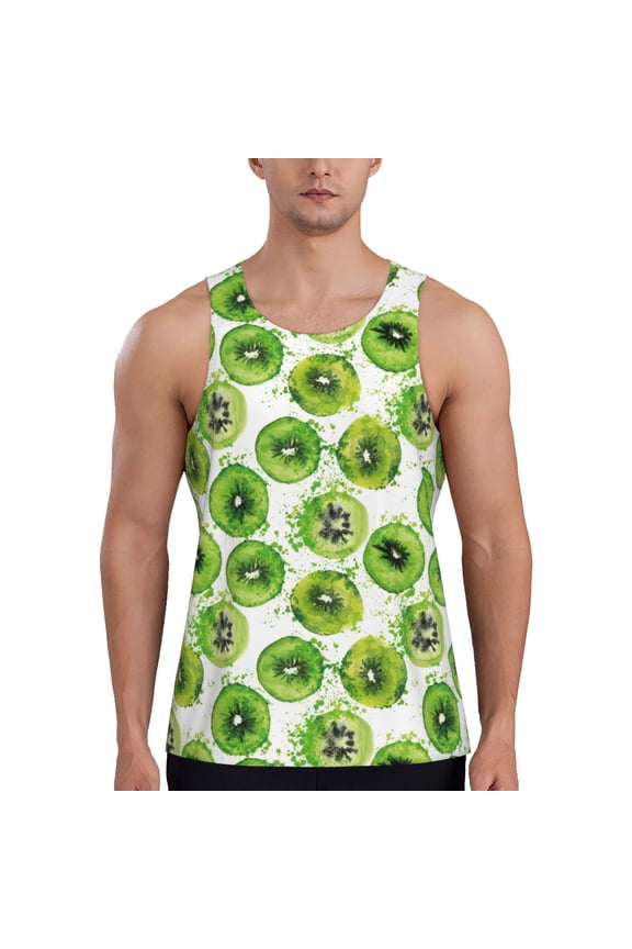 Green Kiwi Print Men's Workout Tank Top,Quick Dry Workout Tank Top,Gym Muscle Tee,Fitness Bodybuilding Sleeveless T Shirt-XX-Large