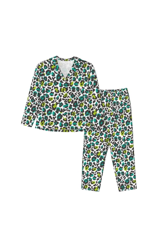 Green Leopard Print Womens Pajamas Set,Long Sleeve Sleepwear,Button Down Lounge Set 2 Pieces,Soft Nightwear Pjs Set-Small
