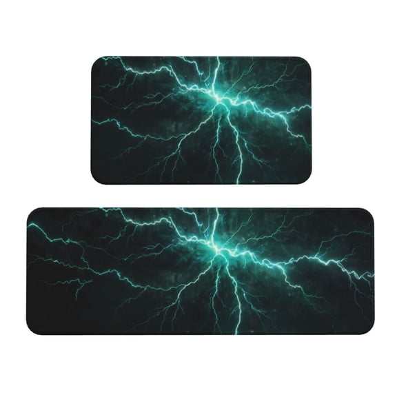 Logiee Green Lightning Flash Print Kitchen Mats for Floor Sets of 2,Waterproof Kitchen Rugs,Non Slip Comfort Standing Mat Rug for Home,Runner,Sink,Office,Laundry