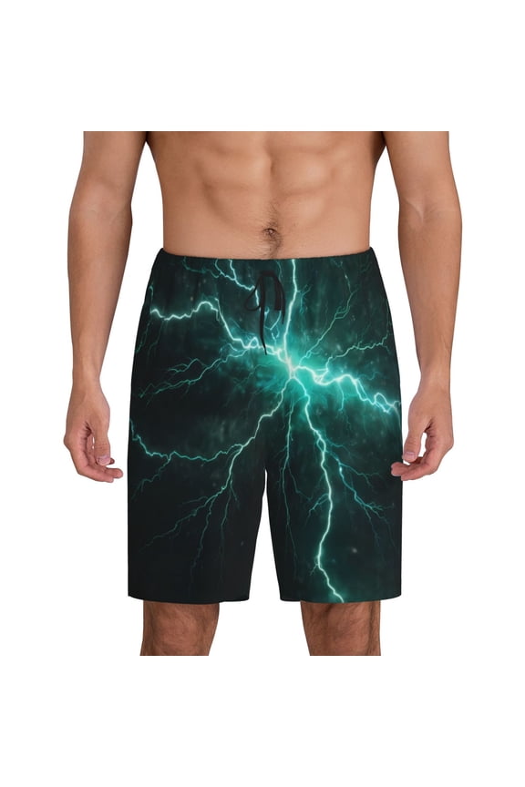 Green Lightning Flash Print Men's Pajama Shorts with Drawstring & Pockets,Sleep Shorts for Men,Sleepwear Bottoms,Elastic Waistband Loungewear-3X-Large