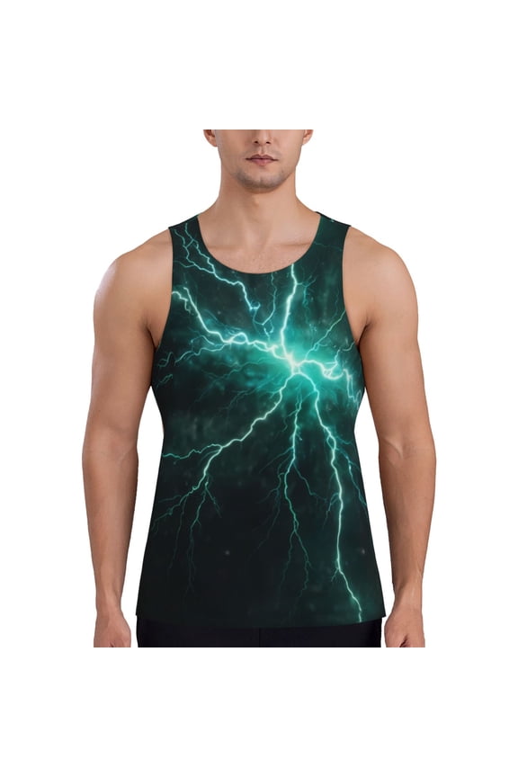 Green Lightning Flash Print Men's Workout Tank Top,Quick Dry Workout Tank Top,Gym Muscle Tee,Fitness Bodybuilding Sleeveless T Shirt-XX-Large