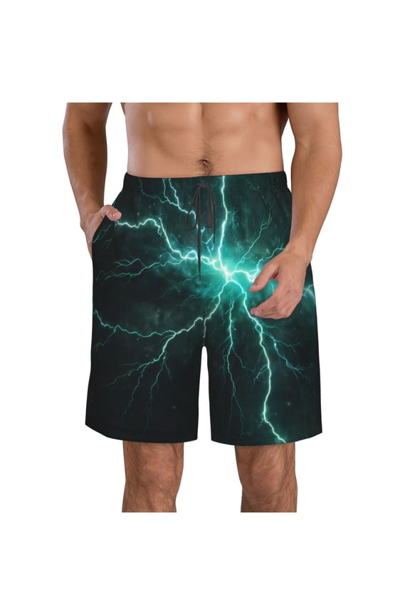 Green Lightning Flash Print Mens Swim Trunks Quick Dry Board Shorts,Breathable Hawaii Beach Shorts Swimwear Bathing Suits-Large