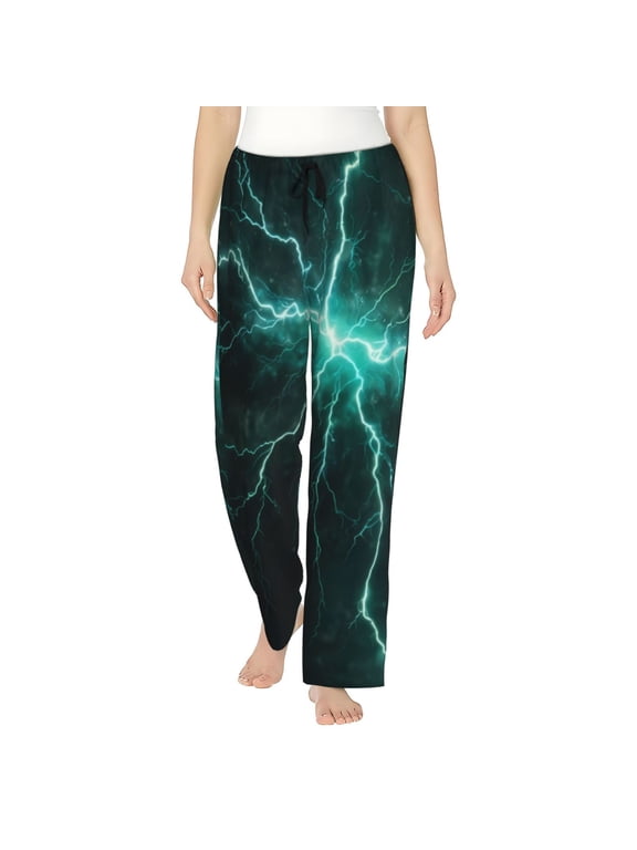 Green Lightning Flash Print Women Pajama Pants,Comfy Pj Bottom with Pockets & Drawstring,Stretch Casual Sleepwear-Medium