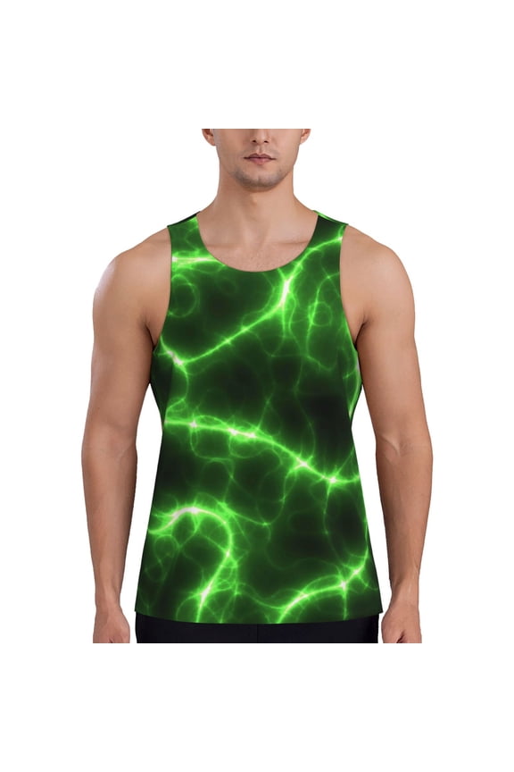 Green Lightning Print Men's Workout Tank Top,Quick Dry Workout Tank Top,Gym Muscle Tee,Fitness Bodybuilding Sleeveless T Shirt-Large