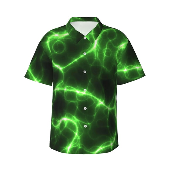 Logiee Green Lightning Print Mens Hawaiian Shirts,Loose-Fit Short Sleeve Button Down Tropical Aloha Beach Shirt,Summer Vacation Wedding Tops,Medium
