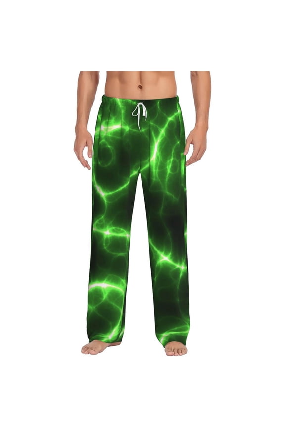 Green Lightning Print Pajama Pants for Men,Men’s Pajama Bottoms,Mens PJ Pants with Pockets & Button Fly-Medium
