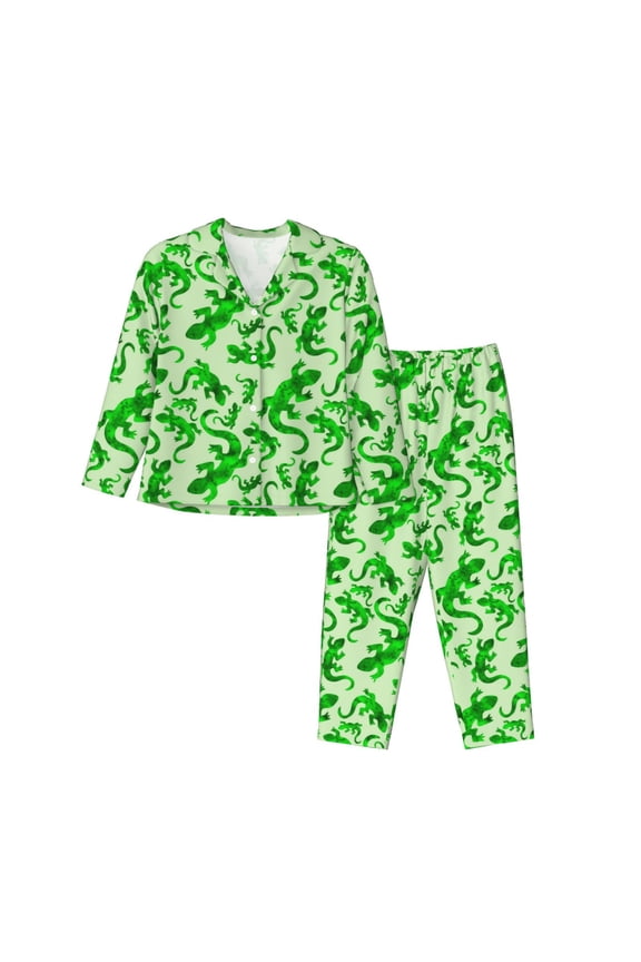Green Lizard Print Womens Pajamas Set,Long Sleeve Sleepwear,Button Down Lounge Set 2 Pieces,Soft Nightwear Pjs Set-Large