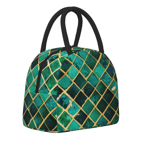 Naloa Green Mosaic Glass Print Lunch Bag for Women Men,Insulated Lunch Box for Adult,Reusable Lunch Tote Bag for Work, Picnic or Travel