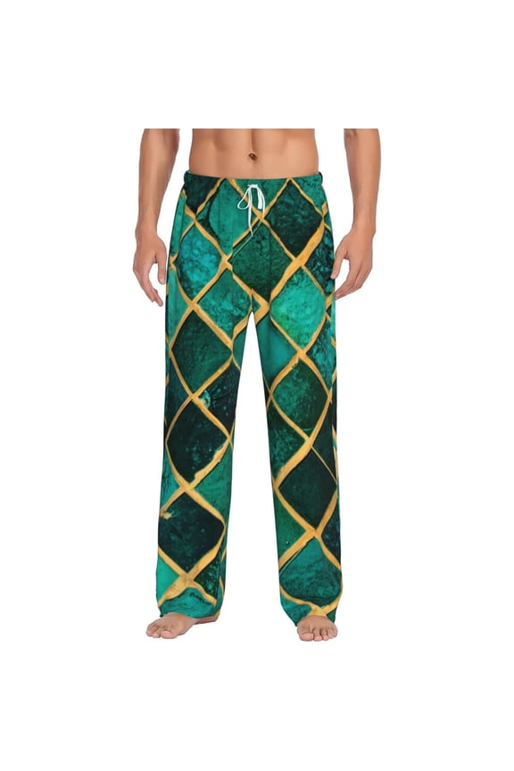 Green Mosaic Glass Print Pajama Pants for Men,Men’s Pajama Bottoms,Mens PJ Pants with Pockets & Button Fly-Small