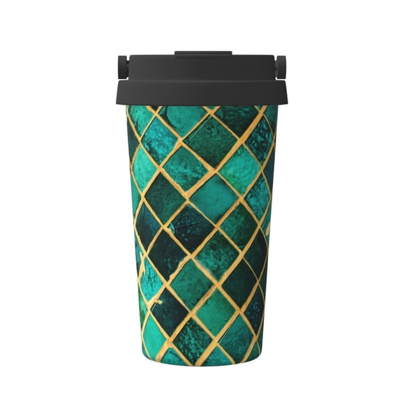 Logiee Green Mosaic Glass Print Stainless Steel Coffee Tumbler, Travel Coffee Mug, Insulated Coffee Mug with Lid, Spill Proof Coffee Cup, Portable Thermal Mug