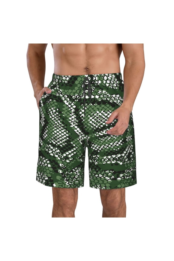 Green Snakeskin Print Mens Swim Trunks Quick Dry Board Shorts,Breathable Hawaii Beach Shorts Swimwear Bathing Suits-Medium