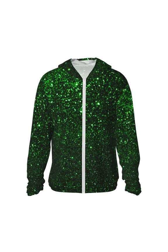 Green Sparkling Print Men's Women Light Jacket Full Zip Sun Protection Hoodie Long Sleeve Sun Shirts for Men Hiking Fishing Zip Pockets-Small