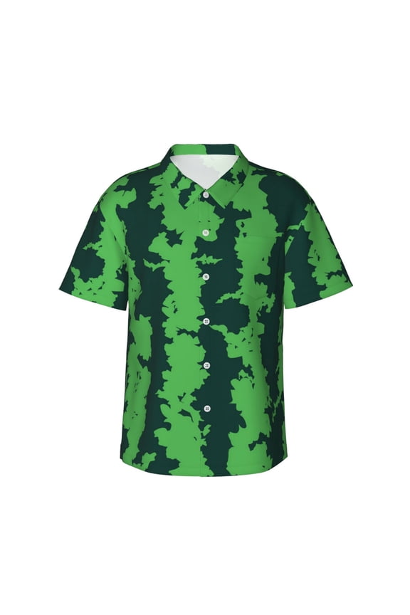 Green Stripes Of Watermelon Print Mens Hawaiian Shirts,Loose-Fit Short Sleeve Button Down Tropical Aloha Beach Shirt,Summer Vacation Wedding Tops,Medium