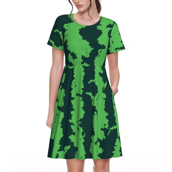 Logiee Green Stripes Of Watermelon Print Womens Summer Dress,Casual Short Sleeve Sundresses,Beach A-line Shift Dress with Pockets