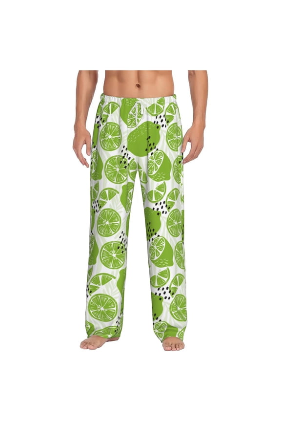 Green Various Lemons Print Pajama Pants for Men,Men’s Pajama Bottoms,Mens PJ Pants with Pockets & Button Fly-3X-Large