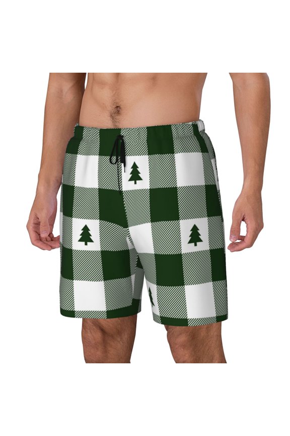 Green White Lumberjack Plaid Print Men's Swim Trunk,Quick Dry Board Shorts ,Men's Swim Trunks with Compression Liner, Bathing Suits with Pockets-X-Large