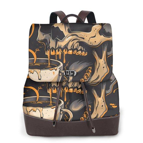 Logiee Grim Coffee Skull Print Backpack Purse for Women,Fashion Leather Backpack Purse,Women's Leather Backpack for Work College Travel
