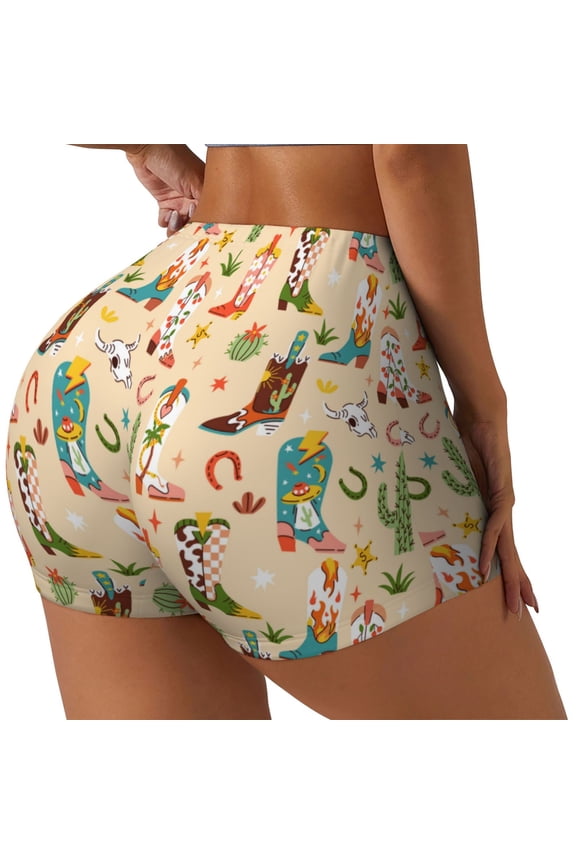 Groovy American Western Footwear Print Women's Biker Shorts,Workout Gym Shorts,Scrunch Shorts,Tummy Control Hidden Scrunch Running Yoga Shorts-Medium