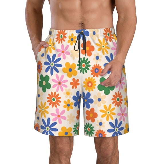 Logiee Groovy Daisy Flowers Print Mens Swim Trunks Quick Dry Board Shorts,Breathable Hawaii Beach Shorts Swimwear Bathing Suits-Large