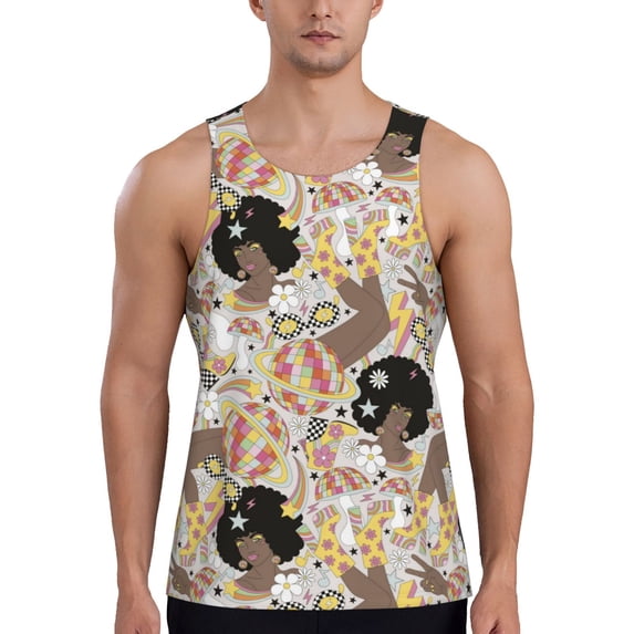 Logiee Groovy Disco Print Men's Workout Tank Top,Quick Dry Workout Tank Top,Gym Muscle Tee,Fitness Bodybuilding Sleeveless T Shirt-Small