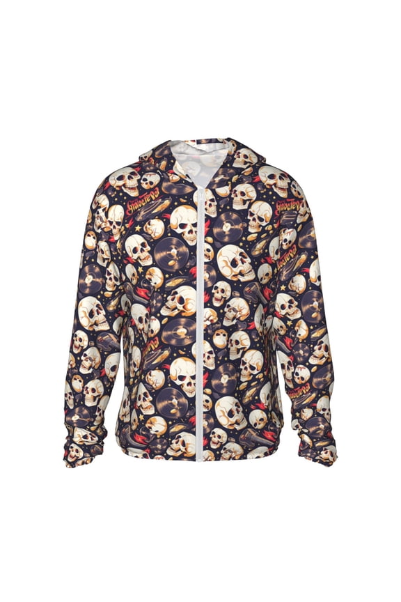 Guitar Skull record Print Men's Women Light Jacket Full Zip Sun Protection Hoodie Long Sleeve Sun Shirts for Men Hiking Fishing Zip Pockets-Medium
