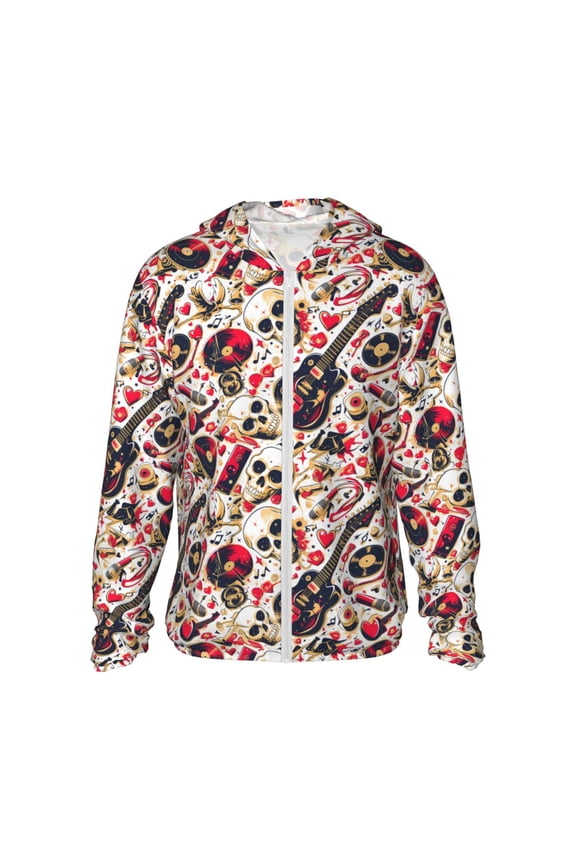 Guitar Skull rock Print Men's Women Light Jacket Full Zip Sun Protection Hoodie Long Sleeve Sun Shirts for Men Hiking Fishing Zip Pockets-Medium