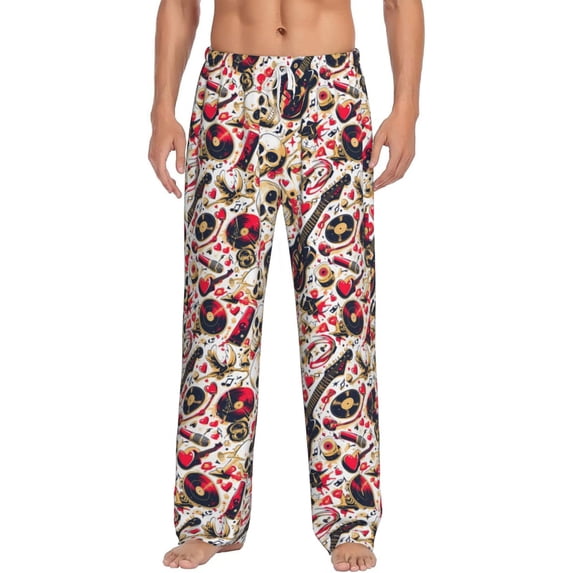 Logiee Guitar Skull rock Print Pajama Pants for Men,Men’s Pajama Bottoms,Mens PJ Pants with Pockets & Button Fly-Small