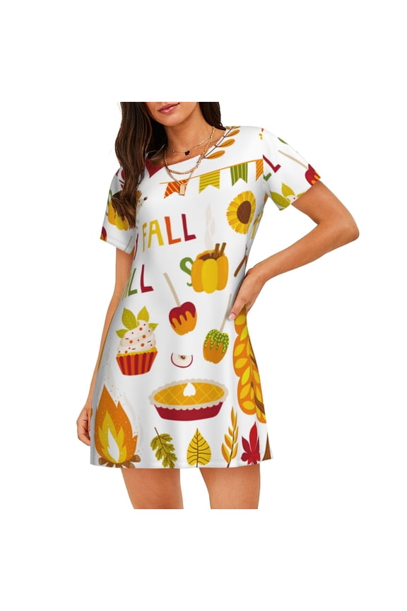 HAPPY FALL Y'ALL Print Nightgowns for Women,Soft Short-Sleeved Lightweight Sleepwear, Loose Sleepshirts