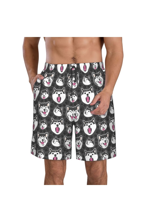 HUSKY Face Print Mens Swim Trunks Quick Dry Board Shorts,Breathable Hawaii Beach Shorts Swimwear Bathing Suits-Large