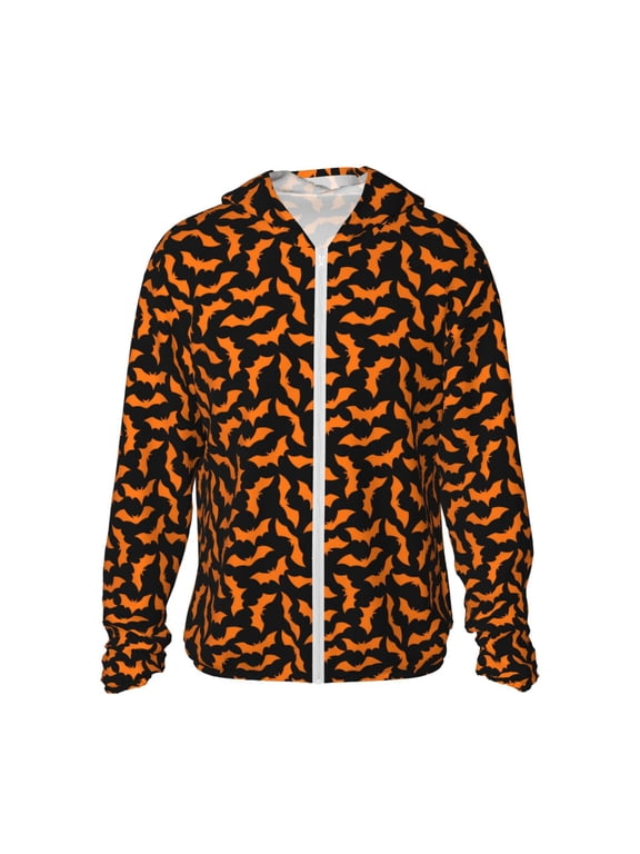 Halloween Bat Print Men's Women Light Jacket Full Zip Sun Protection Hoodie Long Sleeve Sun Shirts for Men Hiking Fishing Zip Pockets-Large