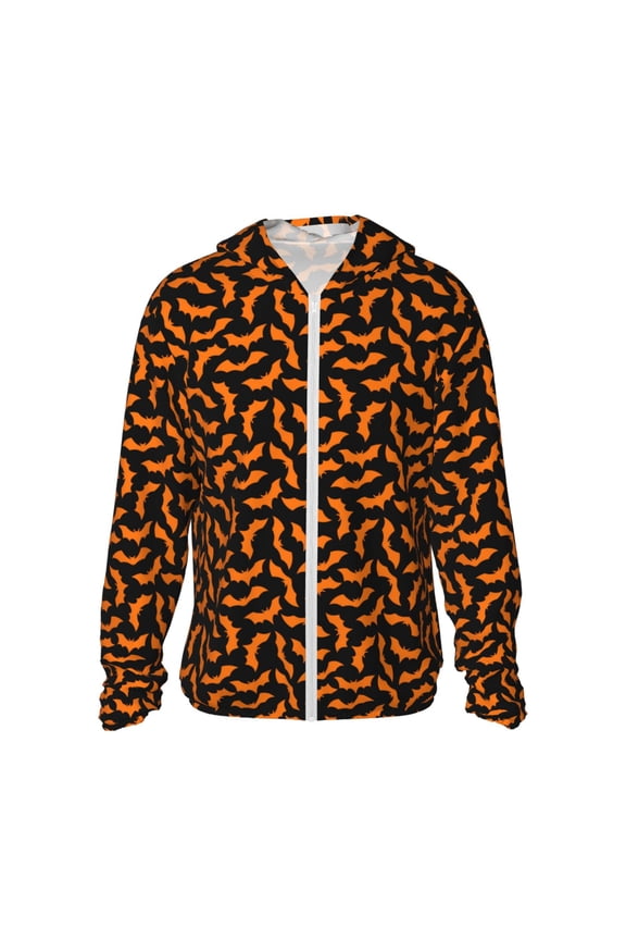 Halloween Bat Print Men's Women Light Jacket Full Zip Sun Protection Hoodie Long Sleeve Sun Shirts for Men Hiking Fishing Zip Pockets-Small