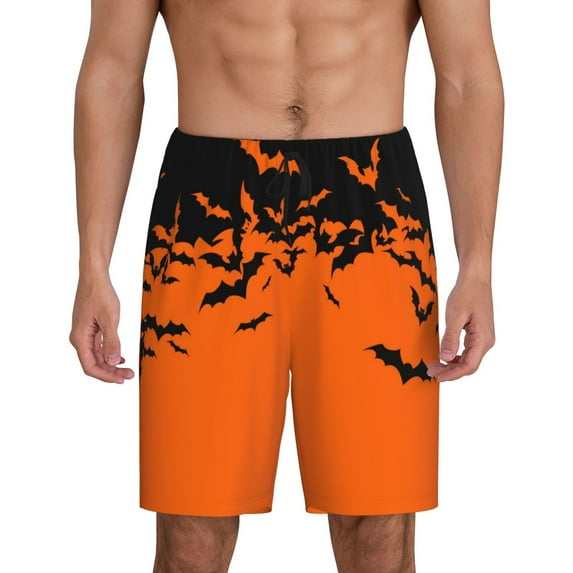 Logiee Halloween With Black Bats Print Men's Pajama Shorts with Drawstring & Pockets,Sleep Shorts for Men,Sleepwear Bottoms,Elastic Waistband Loungewear-X-Large