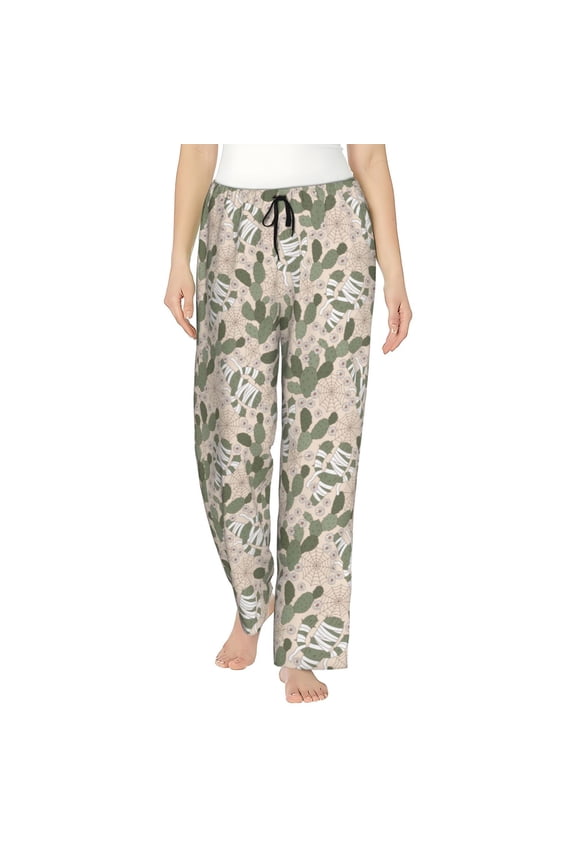 Halloween Cactus Print Women Pajama Pants,Comfy Pj Bottom with Pockets & Drawstring,Stretch Casual Sleepwear-Medium