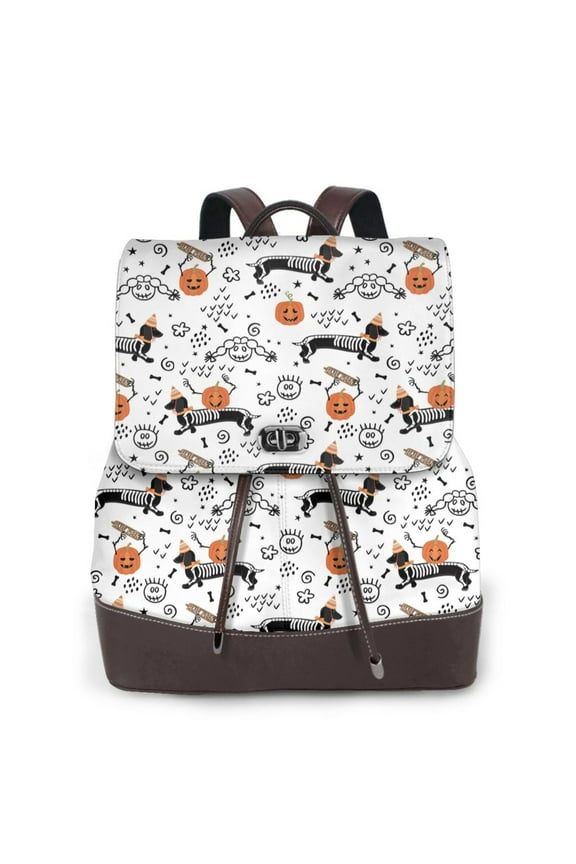 Halloween Dachshund Print Women's Leather Backpack,Travel Laptop Backpack,Fashion Ladies Leather Backpack Bag for Travel,Leather Drawstring Daypack for Me