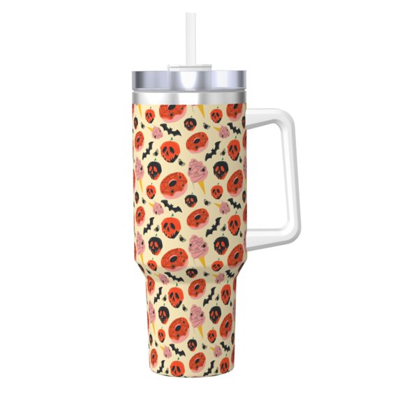 Logiee Halloween Donut Print 40OZ Ice Bully Cup with Handle and Straw, Double Wall Stainless Steel Tumbler,Travel Coffee Cup with Lid, Summer Insulation and Cooling Cup