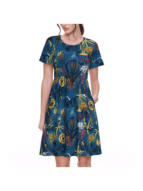 Halloween Elements Print Womens Summer Dress,Casual Short Sleeve Sundresses,Beach A-line Shift Dress with Pockets