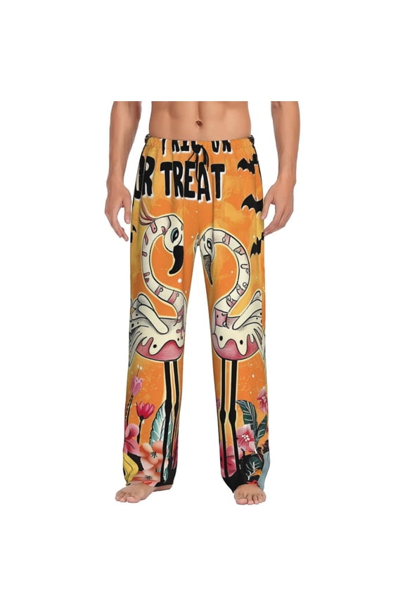 Halloween Flamingos Print Pajama Pants for Men,Men’s Pajama Bottoms,Mens PJ Pants with Pockets & Button Fly-Large