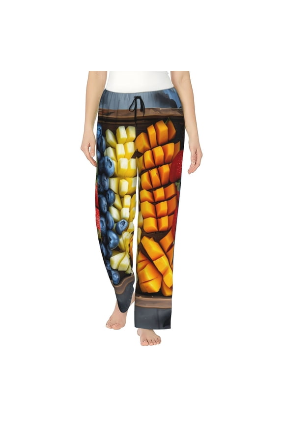Halloween Fruit Platter Print Women Pajama Pants,Comfy Pj Bottom with Pockets & Drawstring,Stretch Casual Sleepwear-X-Large