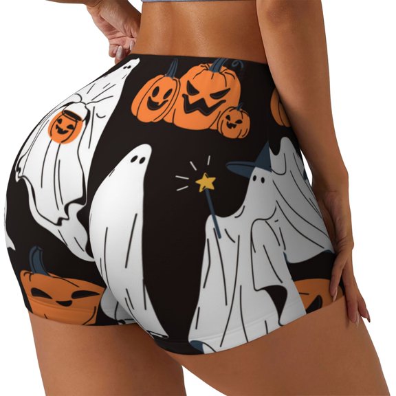Logiee Halloween Ghosts And Pumpkins Print Women's Biker Shorts,Workout Gym Shorts,Scrunch Shorts,Tummy Control Hidden Scrunch Running Yoga Shorts-XX-Large
